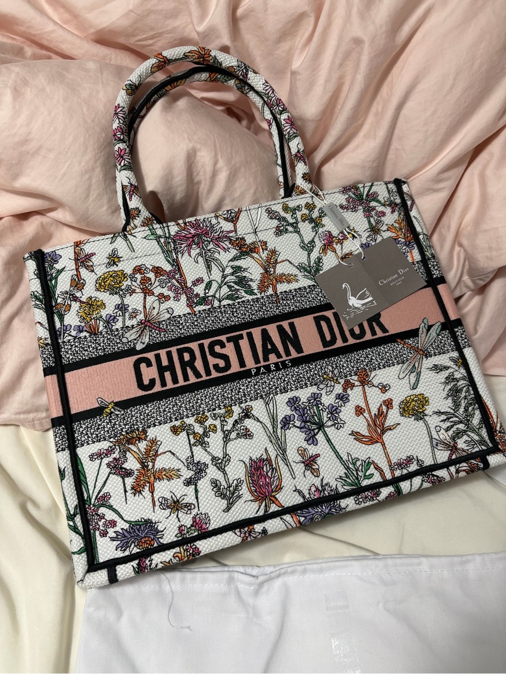 Dior White Floral Tote with Pink Logo Band